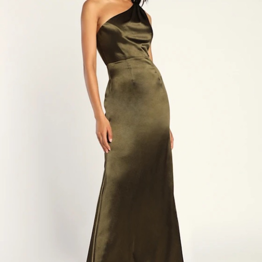 *New* Lulu's One Shoulder - On the Guest List Satin Dress in Olive Green